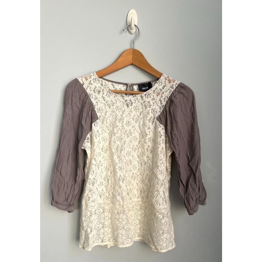 ANTHROPOLOGIE MAEVE sz 2 cream lace top w/ gray sleeves VGUC